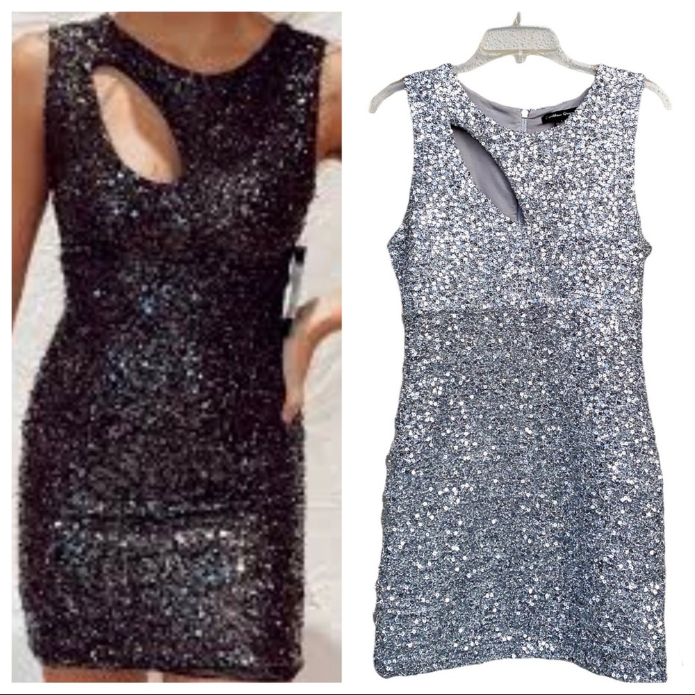 CARIBBEAN QUEEN silver dress mini cut out sexy sequins stretchy cocktail sparkle